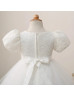 Puff Sleeves Beaded Ivory Lace Tulle Flower Girl Dress